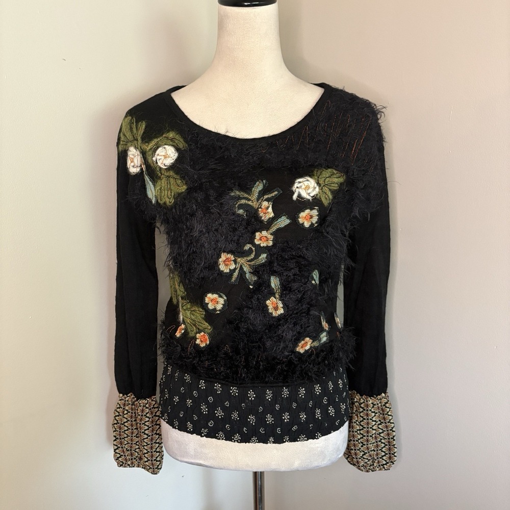 Save The Queen Italian Mixed Media Embroidered Black Top Floral Sheer Back Small